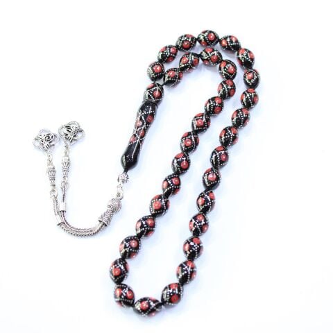 Sarmal Mercan İşlemeli Oltu Taşı Tespih 8*11 (mm)