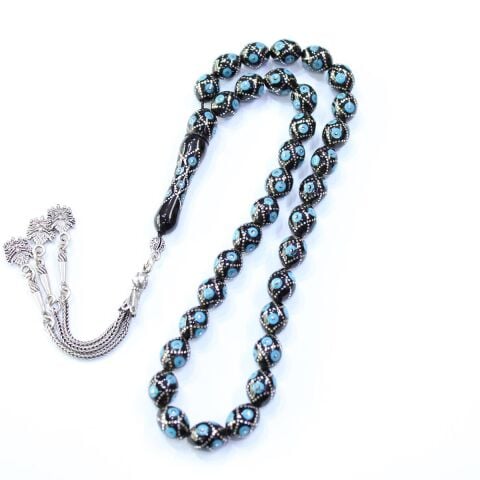 Sarmal Firuze İşlemeli Oltu Taşı Tespih 8*11 (mm)