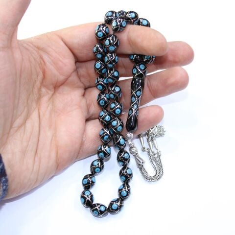 Sarmal Firuze İşlemeli Oltu Taşı Tespih 8*11 (mm)