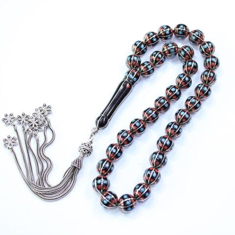 8 li Mercan & Firuze İşlemeli Oltu Taşı Tespih 11 (mm)