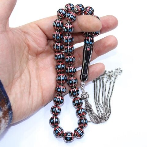 8 li Mercan & Firuze İşlemeli Oltu Taşı Tespih 11 (mm)