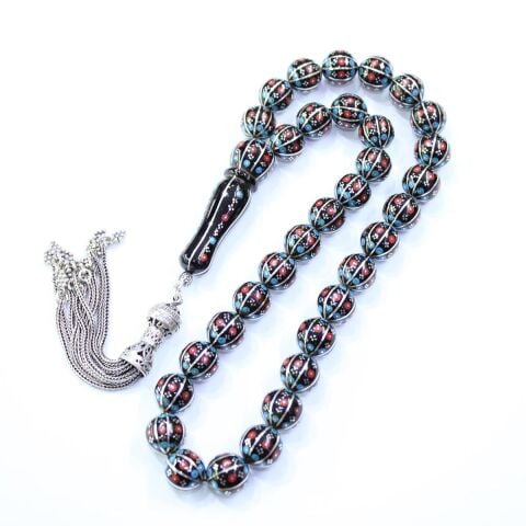 8 li Mercan & Firuze İşlemeli Oltu Taşı Tespih 12 (mm)