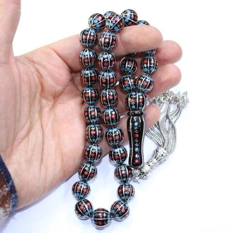 8 li Mercan & Firuze İşlemeli Oltu Taşı Tespih 12 (mm)