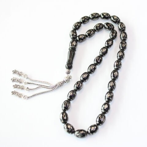 Çember Baklava İşlemeli Oltu Taşı Tespih 8*11 (mm)