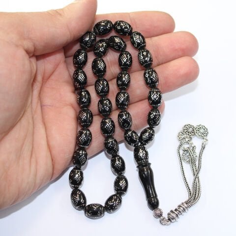 Çember Baklava İşlemeli Oltu Taşı Tespih 8*11 (mm)