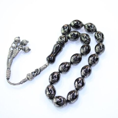 Piramid İşlemeli Maskot Oltu Taşı Tespih 13*18 (mm)