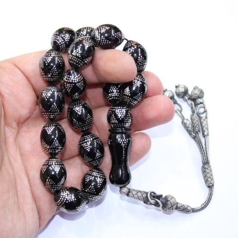 Piramid İşlemeli Maskot Oltu Taşı Tespih 13*18 (mm)