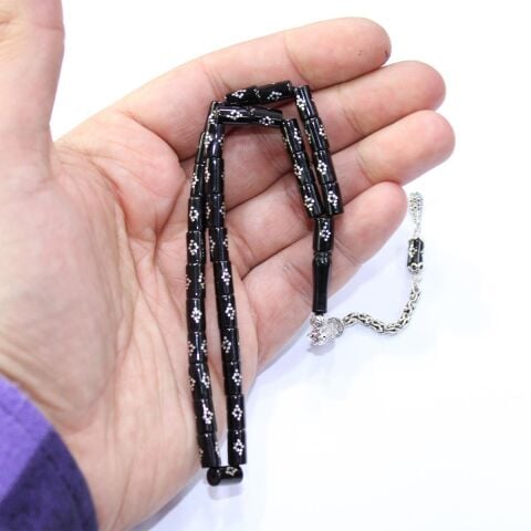 Baklava İşlemeli Kesme Oltu Taşı Tespih 5*8 (mm)