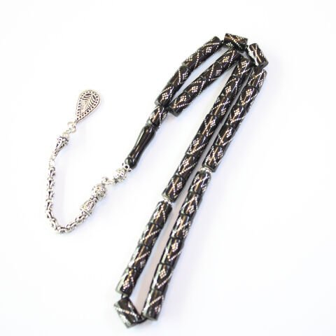 Tek Sıra Baklava İşlemeli Kesme Oltu Taşı Tespih 6,5*9,5 (mm)