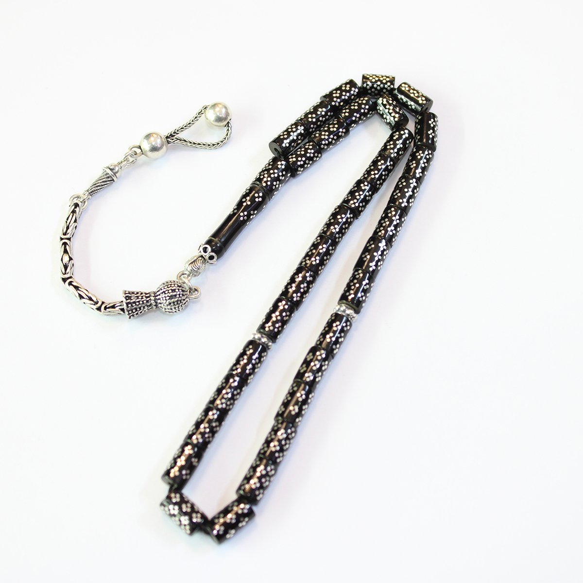 Üçlü Dörtlü İşlemeli Kesme Oltu Taşı Tespih 5*8,5 (mm)