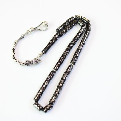 Üçlü Dörtlü İşlemeli Kesme Oltu Taşı Tespih 5*8,5 (mm)