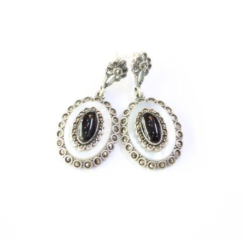 Gümüş Sedef & Markazit Oltu Taşı Küpe Model No -10