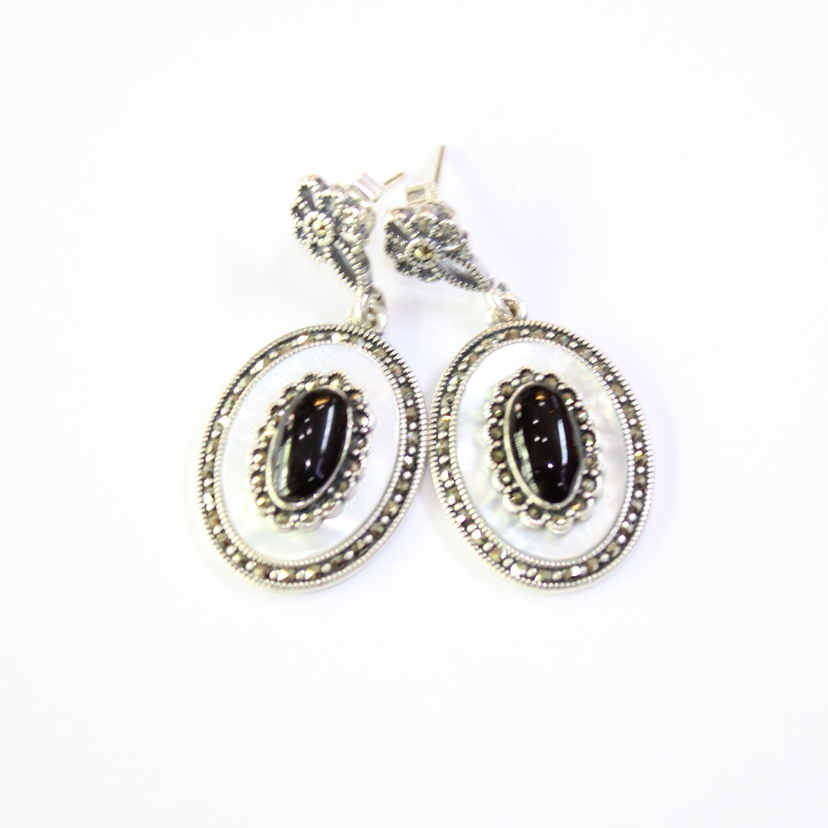 Gümüş Sedef & Markazit Oltu Taşı Küpe Model No -12