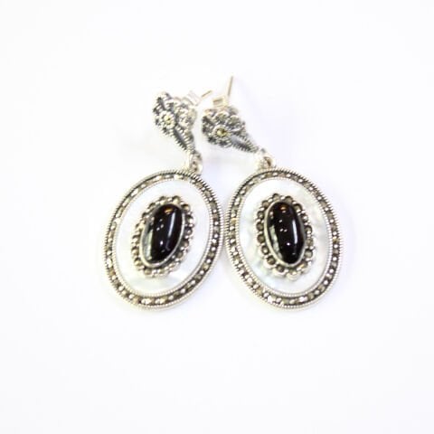 Gümüş Sedef & Markazit Oltu Taşı Küpe Model No -12