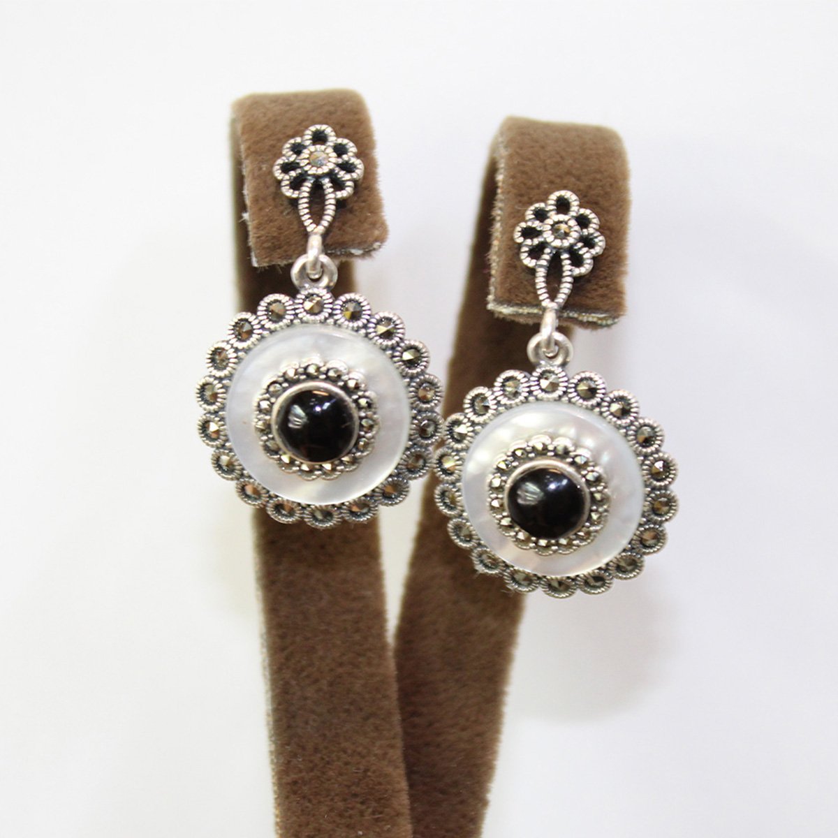 Gümüş Sedef & Markazit Oltu Taşı Küpe Model No -13