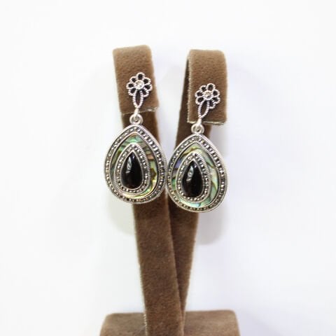 Gümüş Sedef & Markazit Oltu Taşı Küpe Model No -15