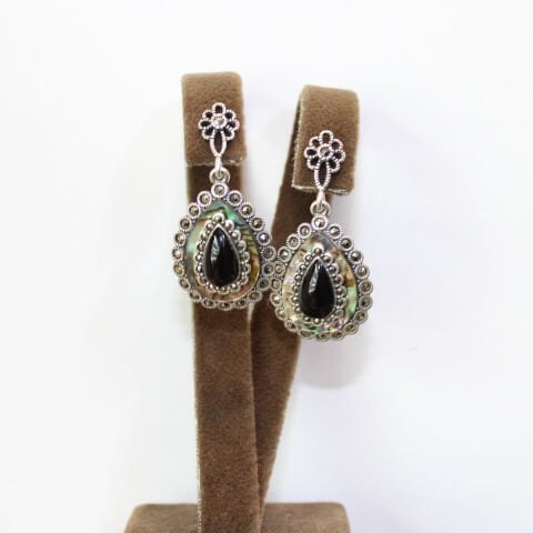 Gümüş Sedef & Markazit Oltu Taşı Küpe Model No -16