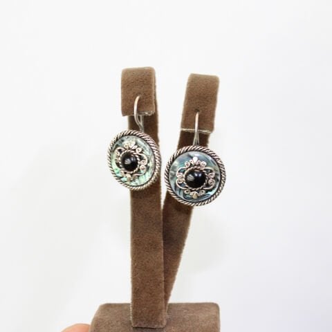 Gümüş Sedef & Markazit Oltu Taşı Küpe Model No -19