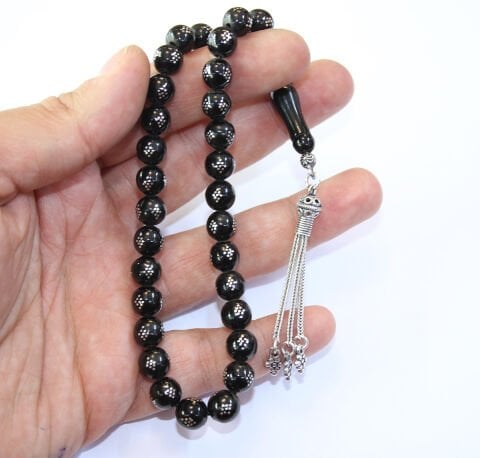 Baklava İşlemeli Oltu Taşı Küre Tespih 7,5 (mm)