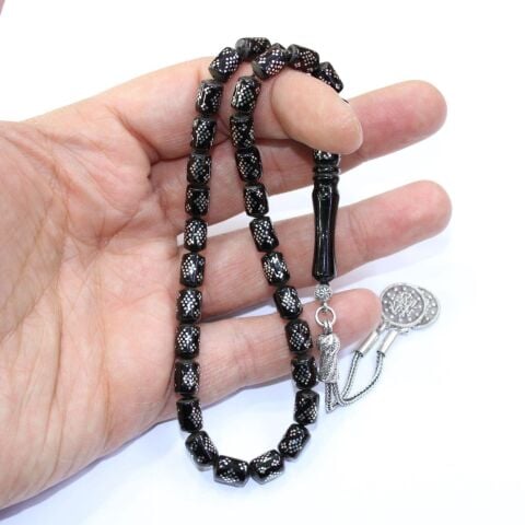 Kapsül Baklava İşlemeli Oltu Taşı Tespih 6,5*9 (mm)