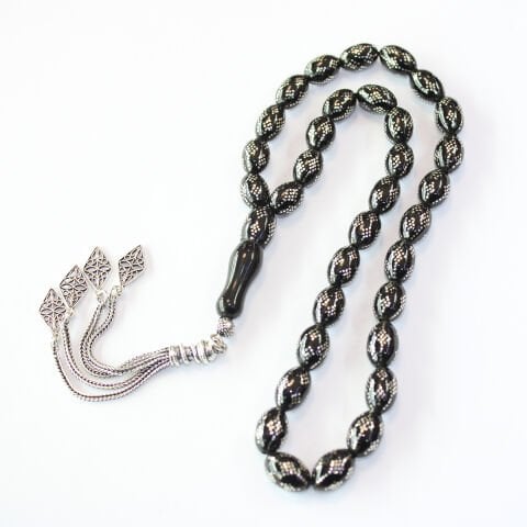 Yoğun Baklava İşlemeli Oltu Taşı Tespih 8*12 (mm)