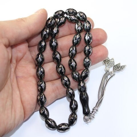 Yoğun Baklava İşlemeli Oltu Taşı Tespih 8*12 (mm)