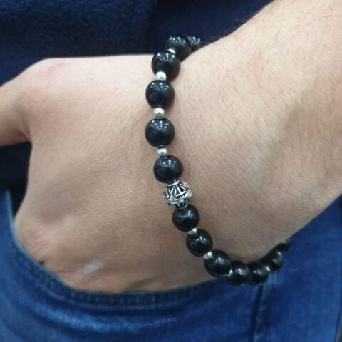 925 Ayar Gümüş İşlemeli Oltu Taşı Bileklik Unisex Model 8,5 (mm)