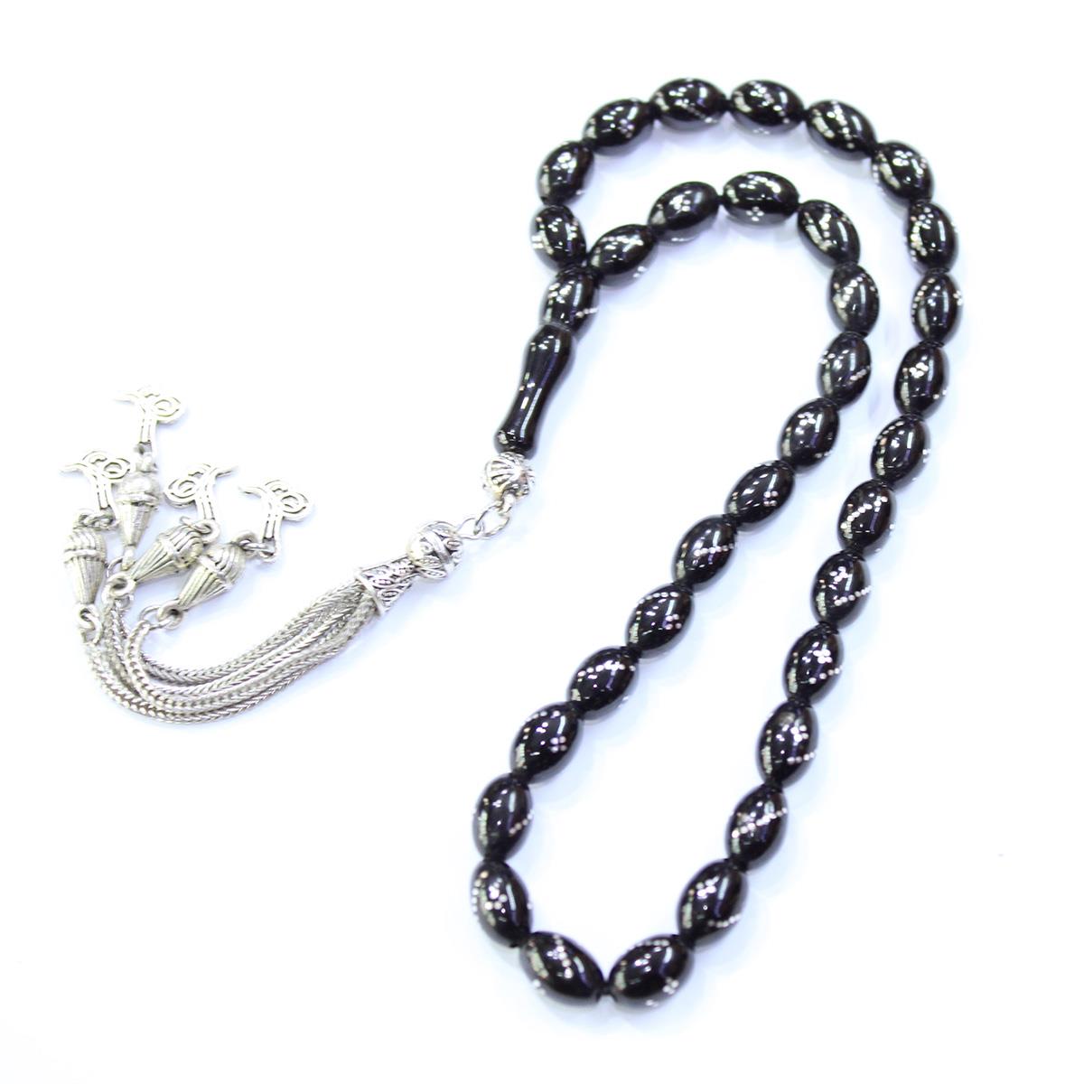 Burgu Dörtlü İşlemeli Oltu Taşı Tespih 7*10 (mm)