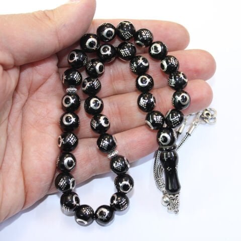 Ay Yıldız İşlemeli Oltu Taşı Tespih 10 (mm)