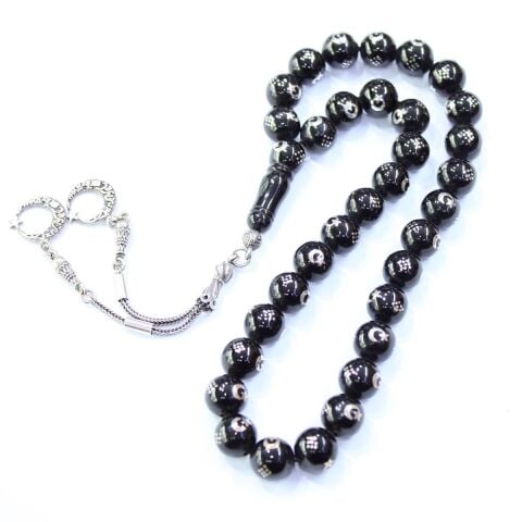 Ay Yıldız İşlemeli Oltu Taşı Tespih 10,5 (mm)