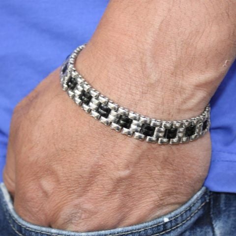 Saat Kordonu Model Gümüş-Siyah Çelik Bileklik